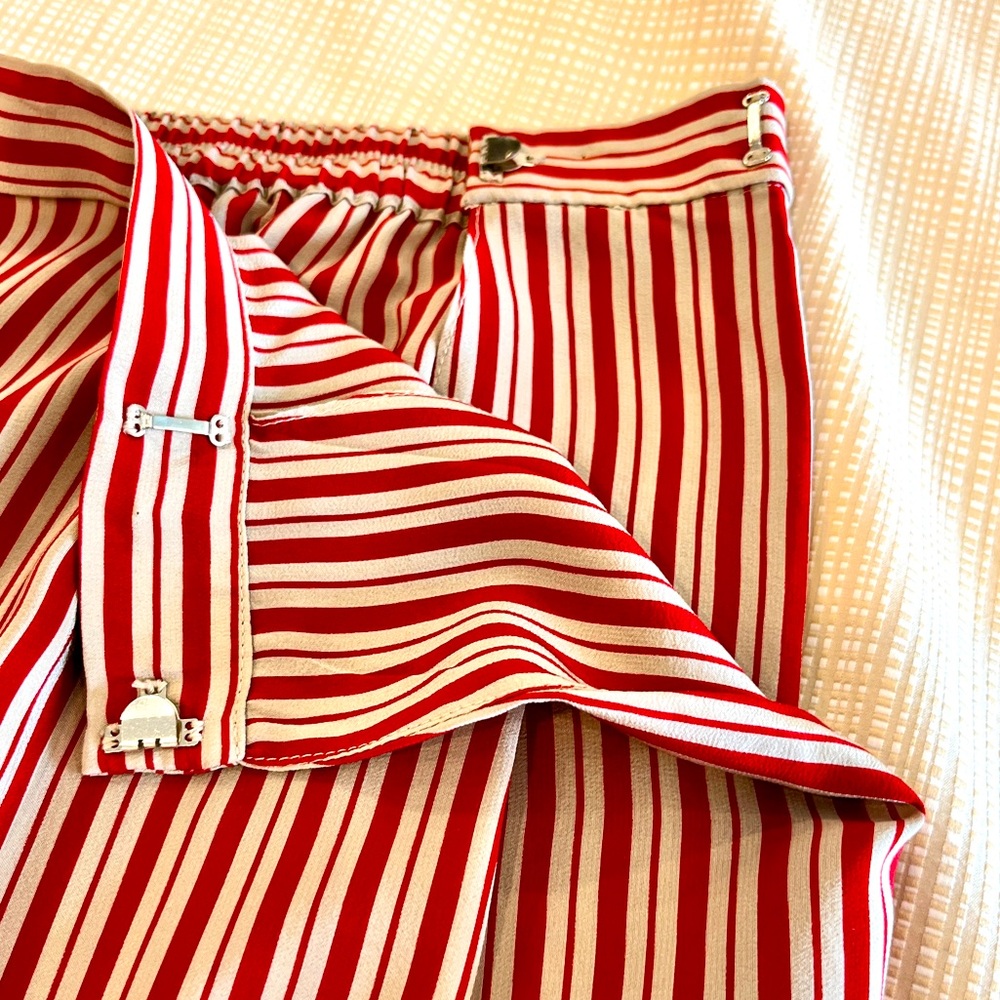 100% Silk Striped High Rise Relaxed Pants Red and Tan Vintage 90s Minimalist - Picture 10 of 16